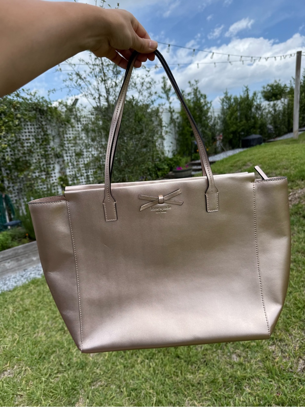 kate spade Metallic Rose Gold Leather Tote with Bow Accent